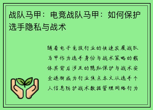 战队马甲：电竞战队马甲：如何保护选手隐私与战术