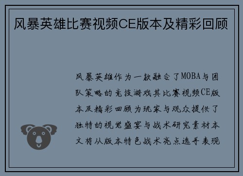 风暴英雄比赛视频CE版本及精彩回顾